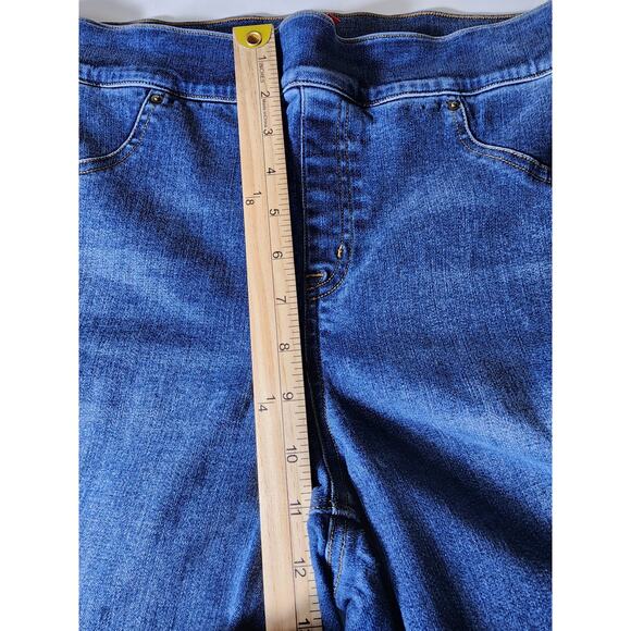 SPANX Blue Distressed Pull On Ankle Skinny Jeans Raw Fray Hem SZ XL - Picture 9 of 10